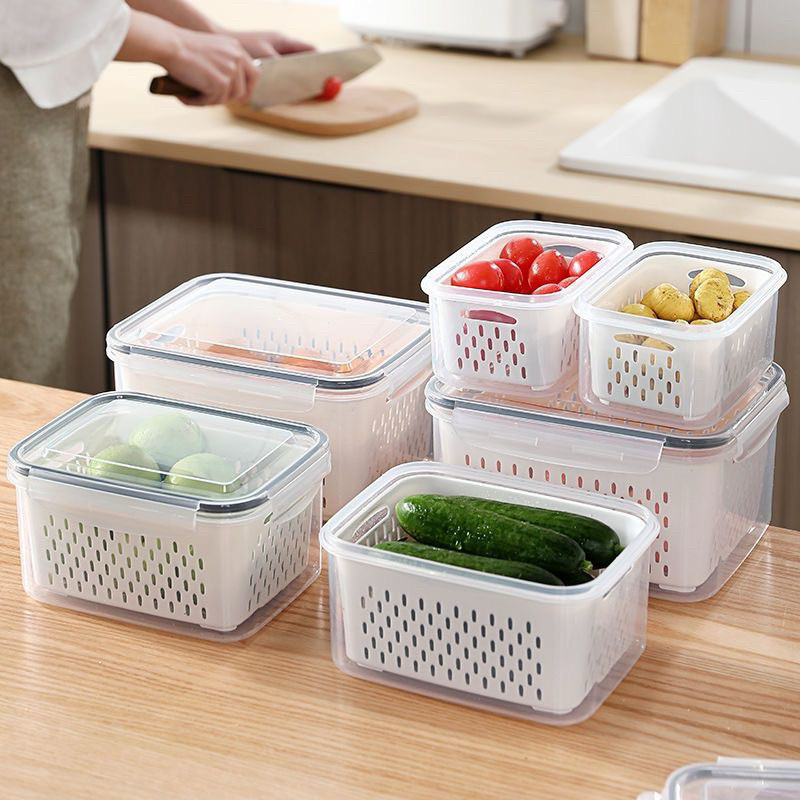Kit 3 Potes Organizadores de Geladeira Com Cesta de Drenagem Hermético e Empilhável Frutas e Legumes Alimentos