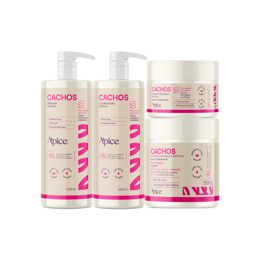 Kit Shamp 1L, Cond 1L, Máscara e Ativador Cachos Nova Fragrância - Apice