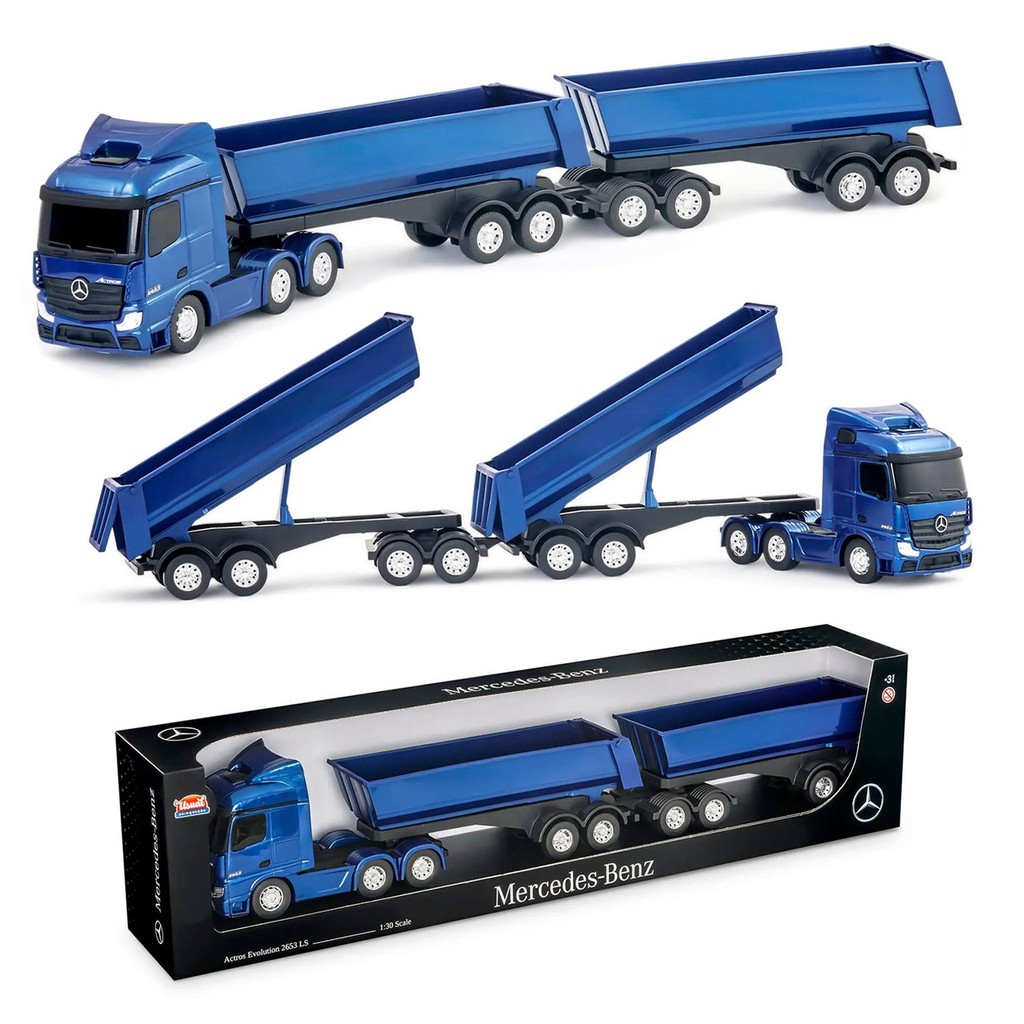 Caminhão Mercedes Benz Actros Rodotrem Basculante Miniatura Brinquedo Colecionável Rodas Cromadas