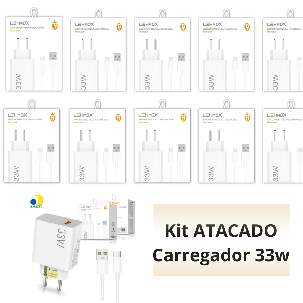 [ATACADO] 10 Carregador 33w Tipo C Turbo Original Lehmox Compatível Galaxy Motto G Asus Xiaomi