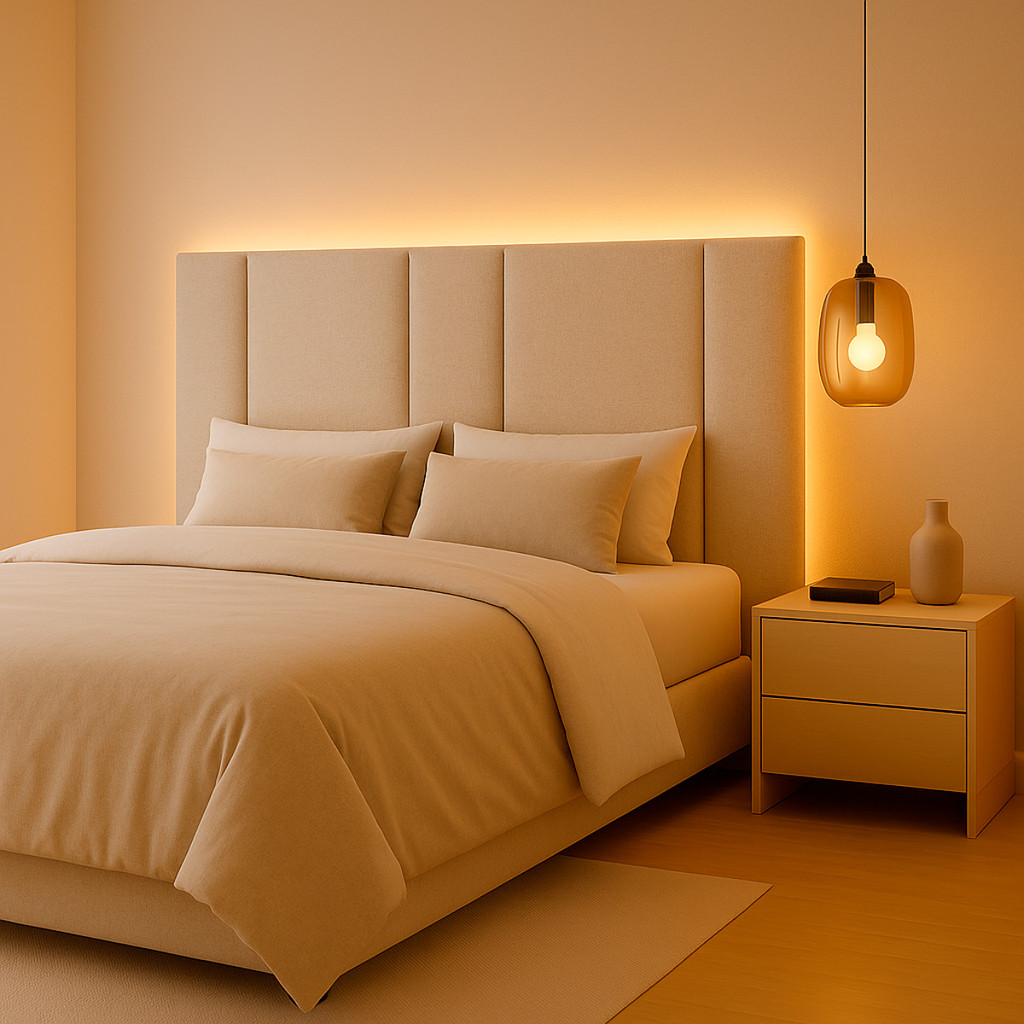 Cabeceira Modular Estofada Com Led Para Cama Box Queen 160cm Linho Bege