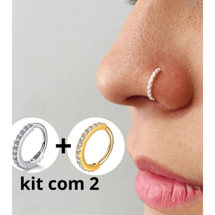 Kit 2 Piercing Nariz Cartilagem Argola Cravejado Strass 8mm/10mm