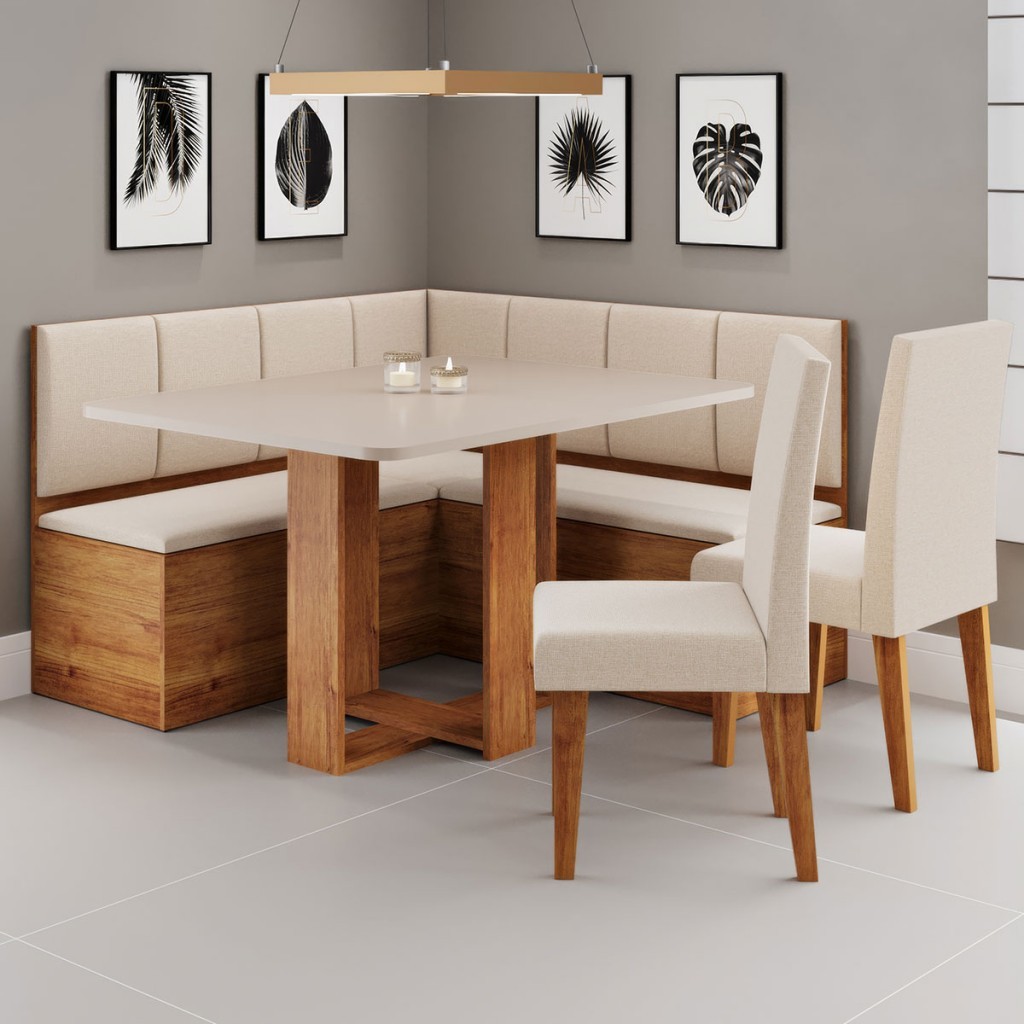 Canto Alemão Victor com 2 Cadeiras Mel/Blonde/Linho Bronze - Viero Móveis em Oferta na Shopee