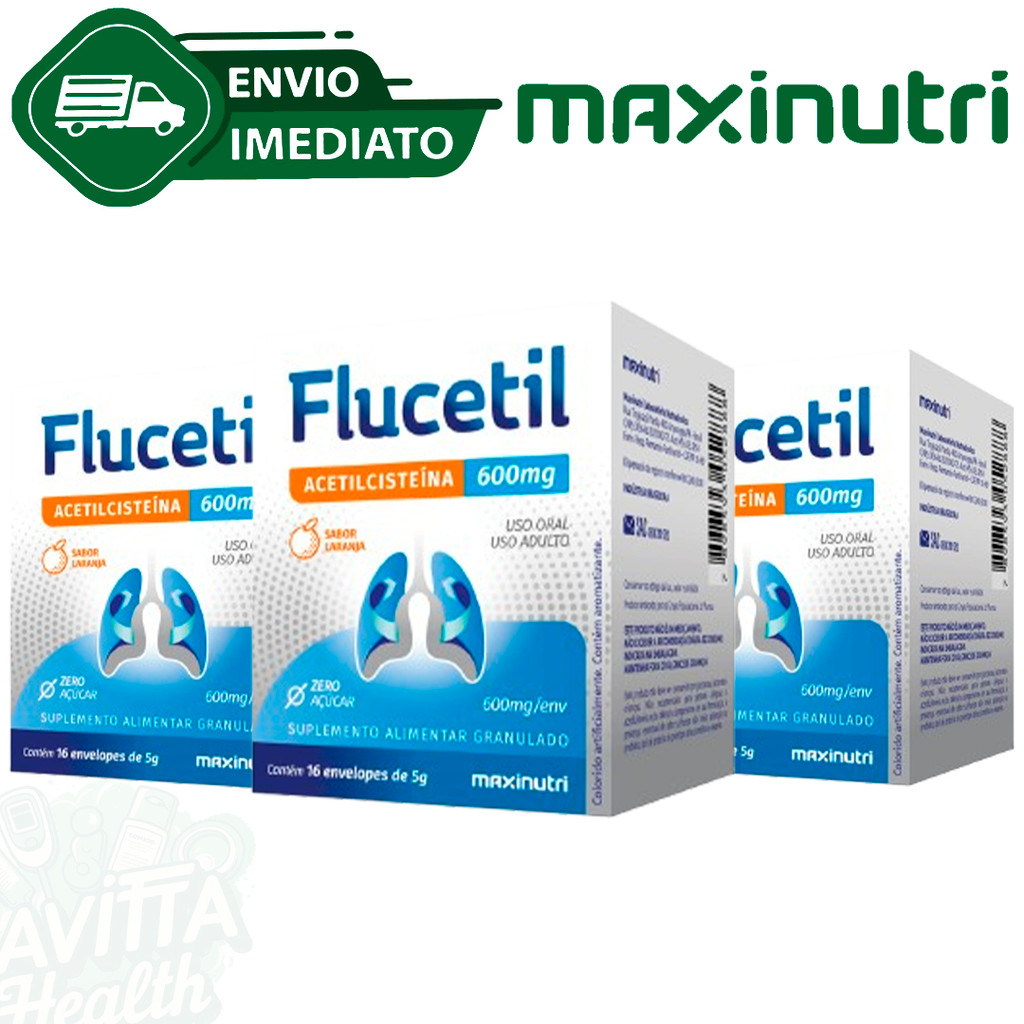 Kit C/3 Acetilcisteína Em Pó 600Mg Flucetil Maxinutri 16X5G Sabor Laranja Envio Imediato