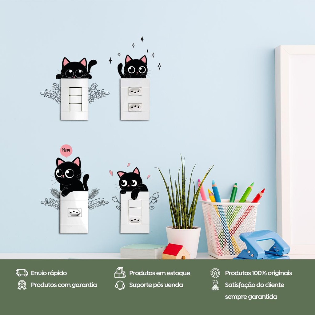 Adesivo Tomada 03 Gatos Pretos Fofos Moldura Floral