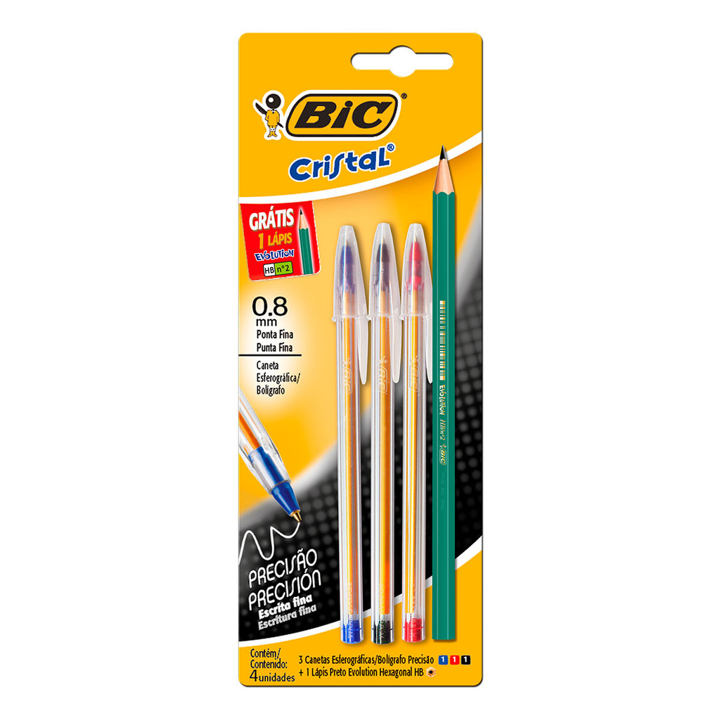 Kit escrita Cristal 0.8 com 3 unidades e 1 lápis preto Evolution Bic