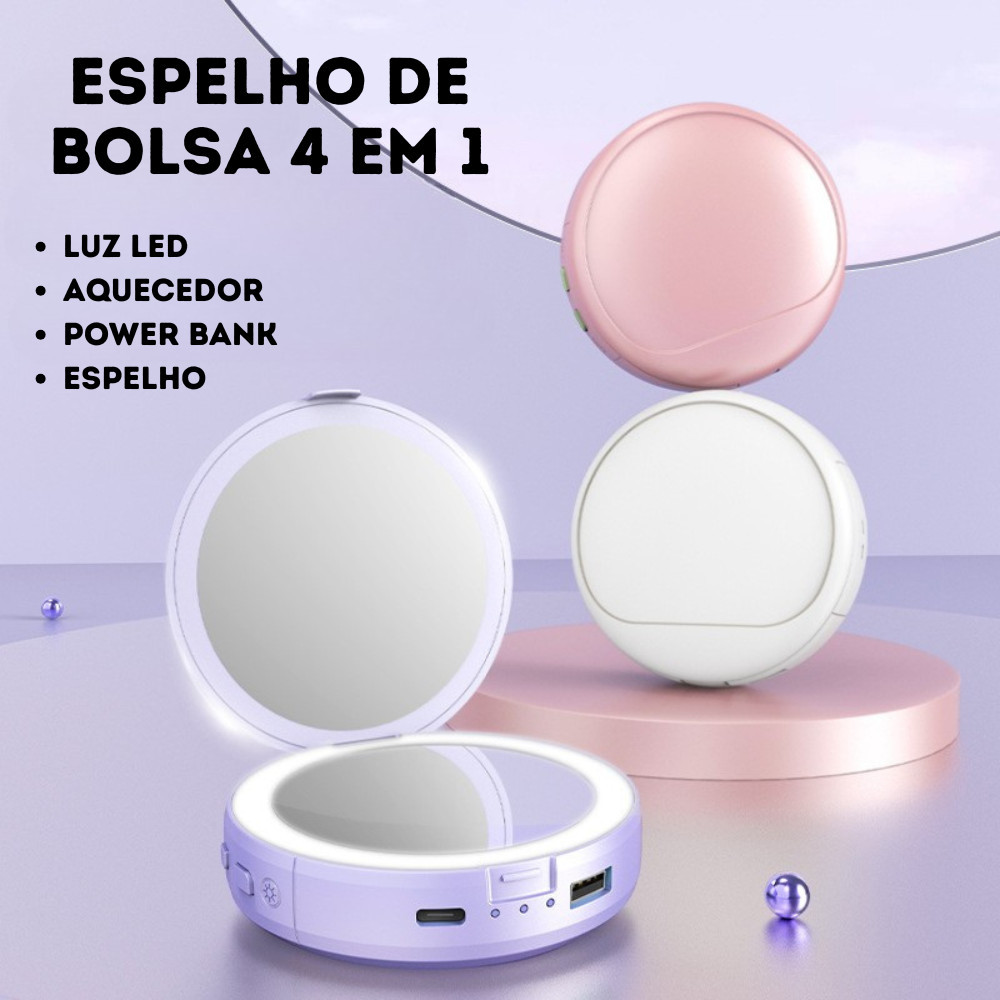 Espelho de Bolsa Portátil 4 em 1 - com LED Regulável, Power Bank, Aquecedor de Mãos e Design Compacto em Oferta na Shopee