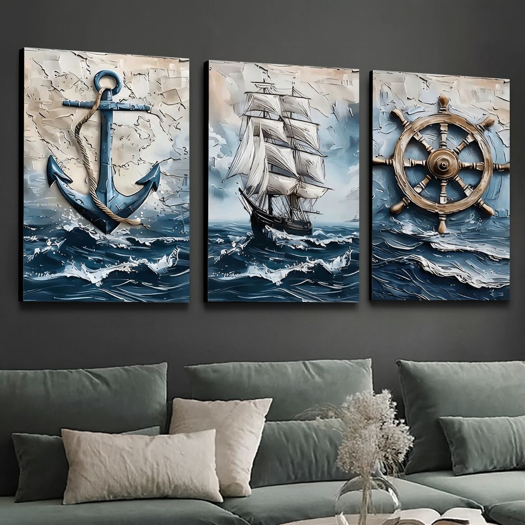 Trio Quadros Mar Azul Dourado Náutico Veleiro Âncora Arte Parede Sala Moderna Costeira