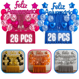 Kit 26 Pcs Balão Feliz Aniversario Cortinas Bexigas Festa Decoração Enfeite Happy Birthday