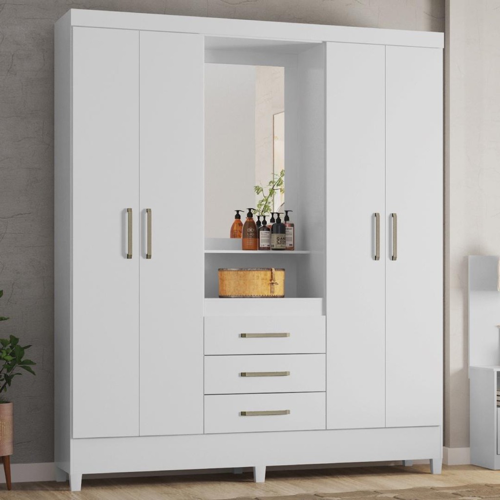 Guarda Roupa Casal 4 Portas Espelho e 3 Gavetas Colombo Branco/Rosa/Branco — R$ 1.009,00 em Shopee, 14% OFF