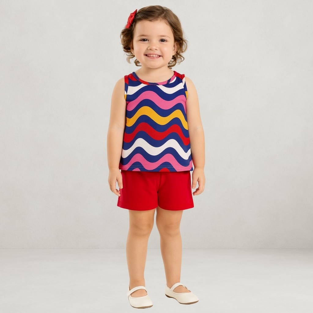 Conjunto Infantil Menina Verão Blusa Regata Estampada e Short Meia Malha Kyly 1001276