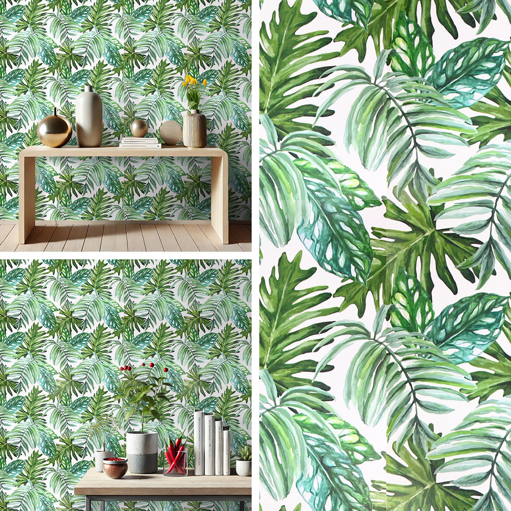 Papel De Parede Botânico Muro Verde Folhagem  Tropical