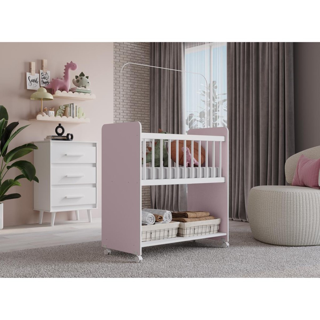 Mini Berço Moisés Com Colchão Grade Fixa Cor Rosa