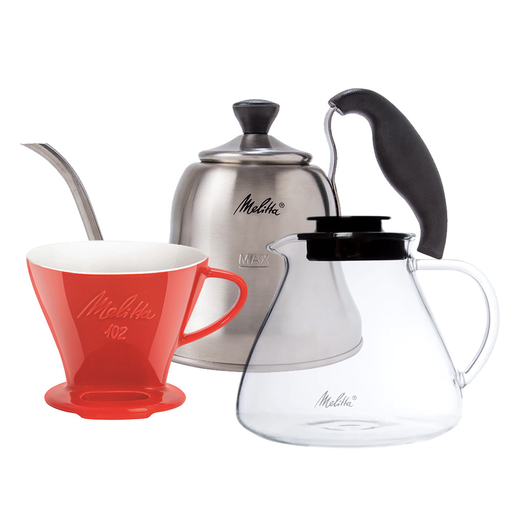 Kit Melitta® Jarra de Vidro 1L + Suporte Porcelana 102 Vermelho + Chaleira Inox 700ml