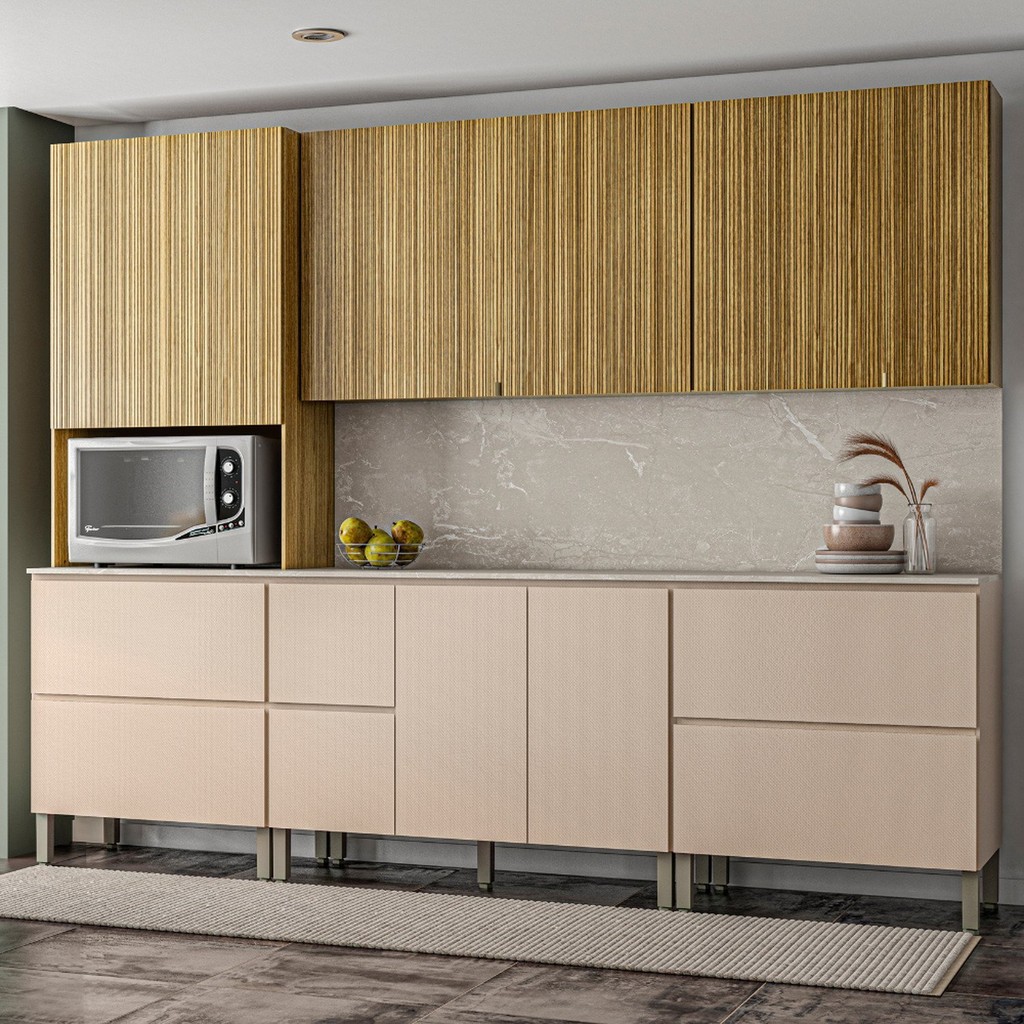 Cozinha Modulada Completa 7 peças 9 Portas 4 Gavetas Balcão com Tampo e Painel Art em Oferta na Shopee