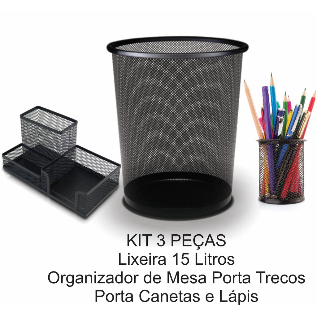 Organizador de Mesa 3 Peças Preto com Porta Canetas, Lixeira 15L e Porta-Trecos Resistente