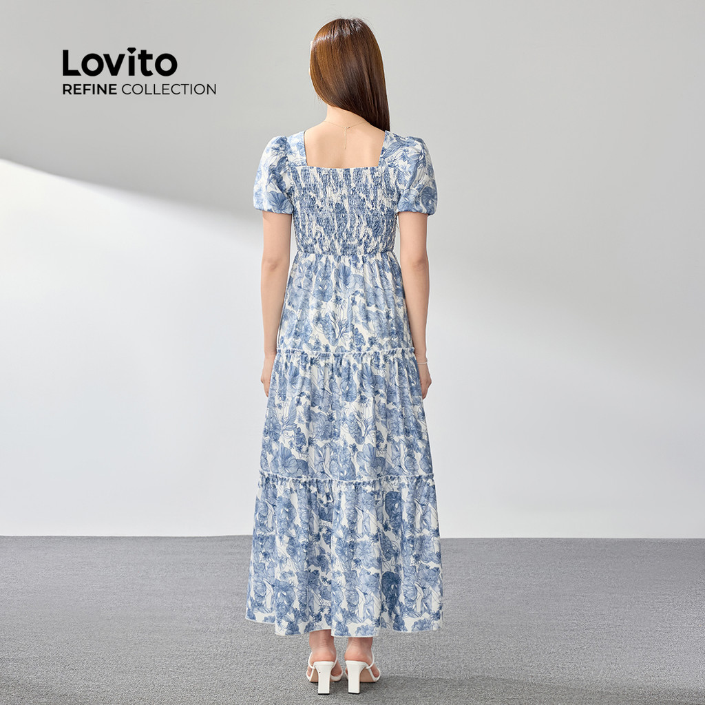 Detalhes do Lovito Vestido Feminino Drapeado Floral Casual LR2AD036