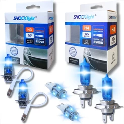 KIT LÂMPADAS SUPER BRANCA SHOCKLIGHT H4 + H3 + LED T10 8500K FAROL ALTO BAIXO MILHA E LANTERNA