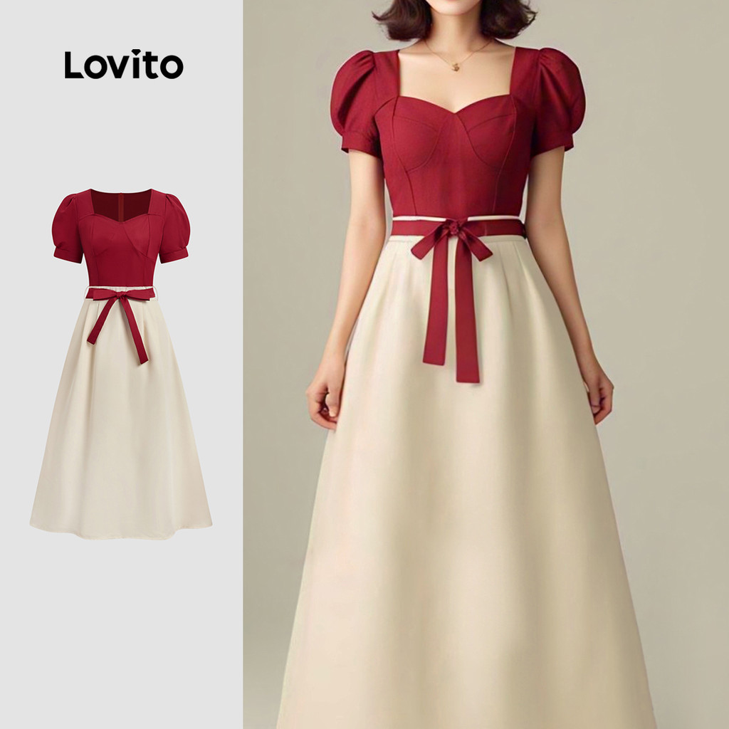 (NEW) Lovito Vestido de Festa Colorido com Cinto para Primavera/verão Claret para Mulheres L155ED046 em Oferta na Shopee