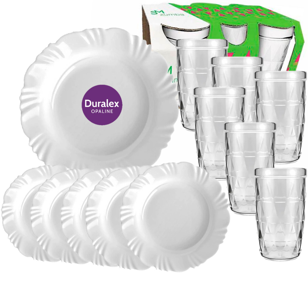 Jogo Kit Duralex 6 Pratos Petala Fundo 23CM Opaline Branco e 6 Copos Zumba 270ml Vidro Brilhante