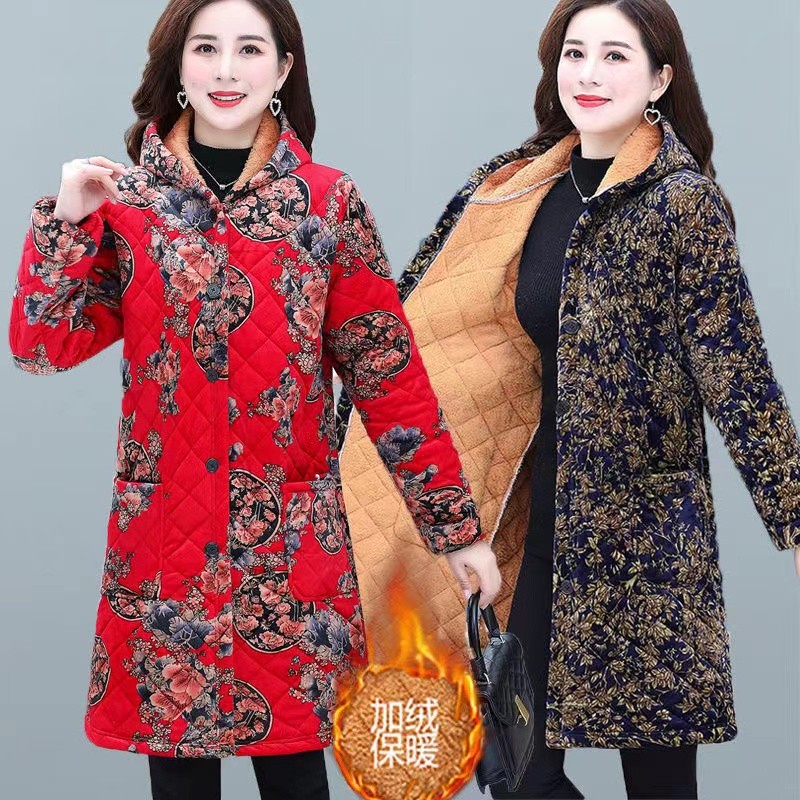 Roupas femininas idosas de meia-idade Roupas da mãe Novo estilo Cor Roupas acolchoadas de algodão Velo Engrossado Macacã