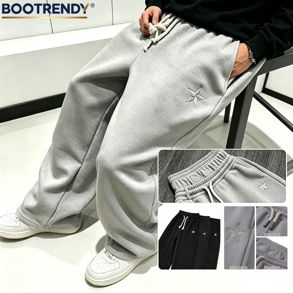 Calça De Moletom Bordada Com Estrela De Cintura Dupla Masculina Y2K Perna Larga Folgada Hip Hop Streetwear Cordão Solto