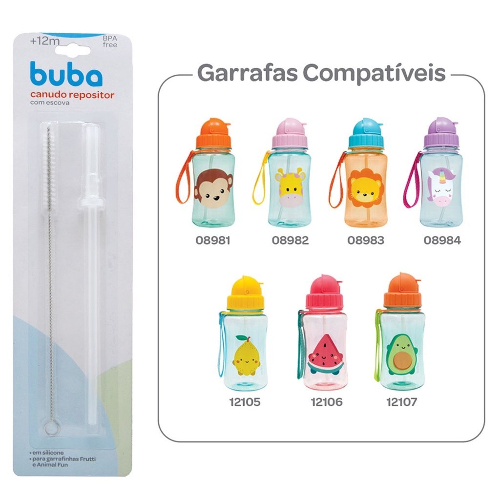 Canudo Repositor Garrafinha Animal Fun e Frutti com Escova Buba