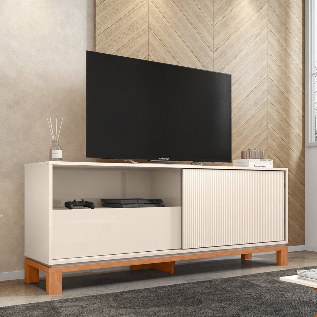 Rack para TV até 55 Polegadas 150cm Porta com Textura Microrripada Cavalete Mondrian 1.5 Bege Off White/Freijó Off