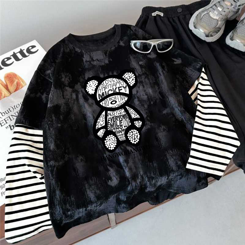 Algodão puro Tie-Dye crianças listrado falso de duas peças de manga comprida camiseta primavera outono Casual camisa de 