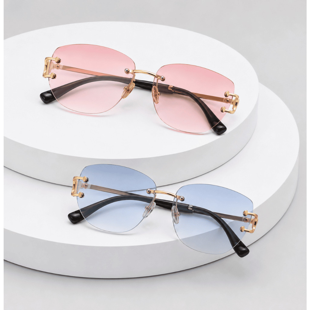 Óculos Sol Feminino Gatinho Sem Aro Dourado Lente Degradê Luxo Vintage Retrô Elegante Chique UV400 Moda
