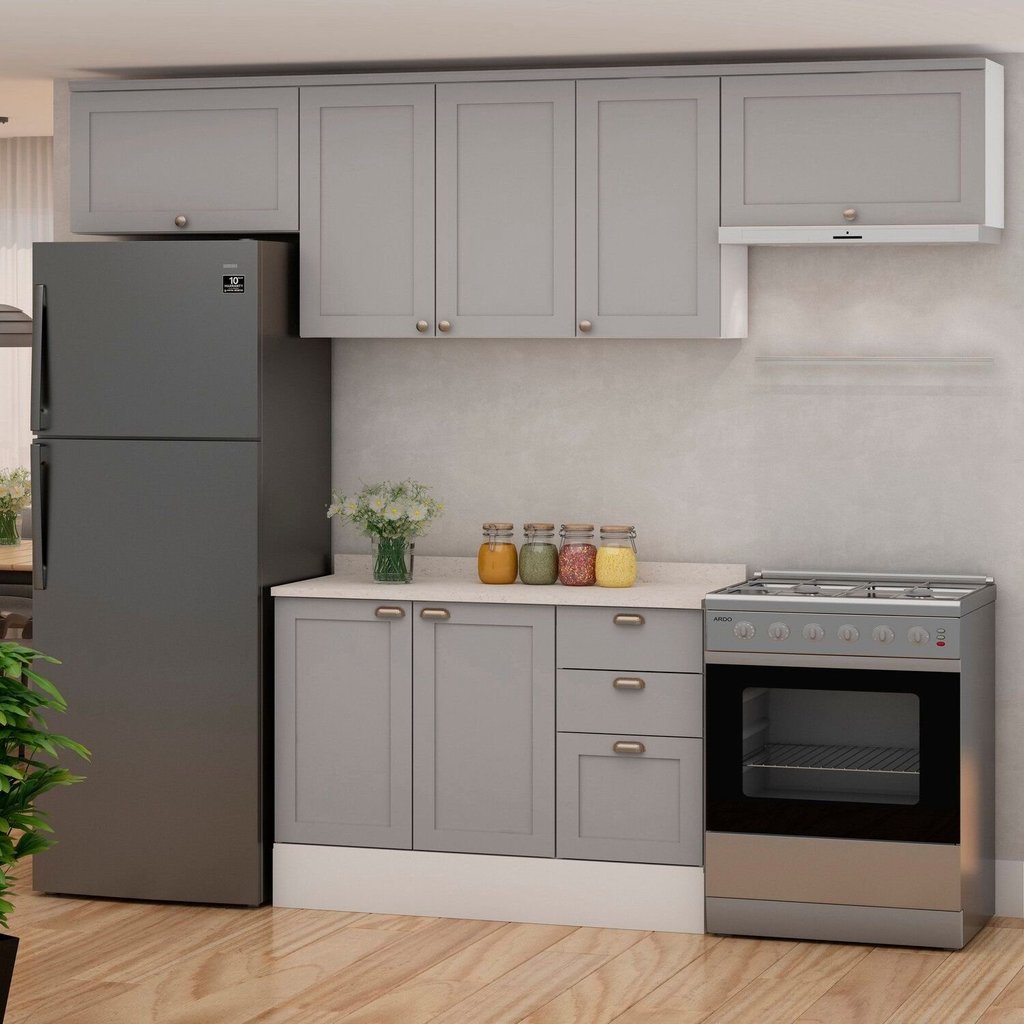 Cozinha Modulada 4 Peças 1 Balcão com Tampo 2 Aéreos 100% MDF Cinza/Branco/Fendi Branco/Fendi