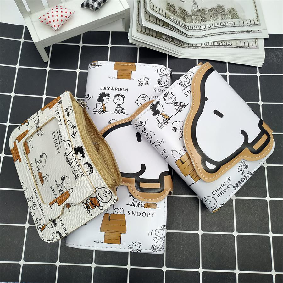 Carteira Fofa Snoopy Longa e Curta para Meninas, Carteira de Moedas em PU com Coração, Estilo Dobrável de Carteira Fofa