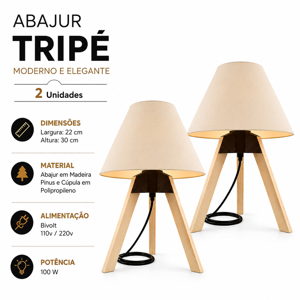 Kit 2 Abajur Luminária de Mesa Madeira Quarto Cúpula Para Criado Mudo Bivolt