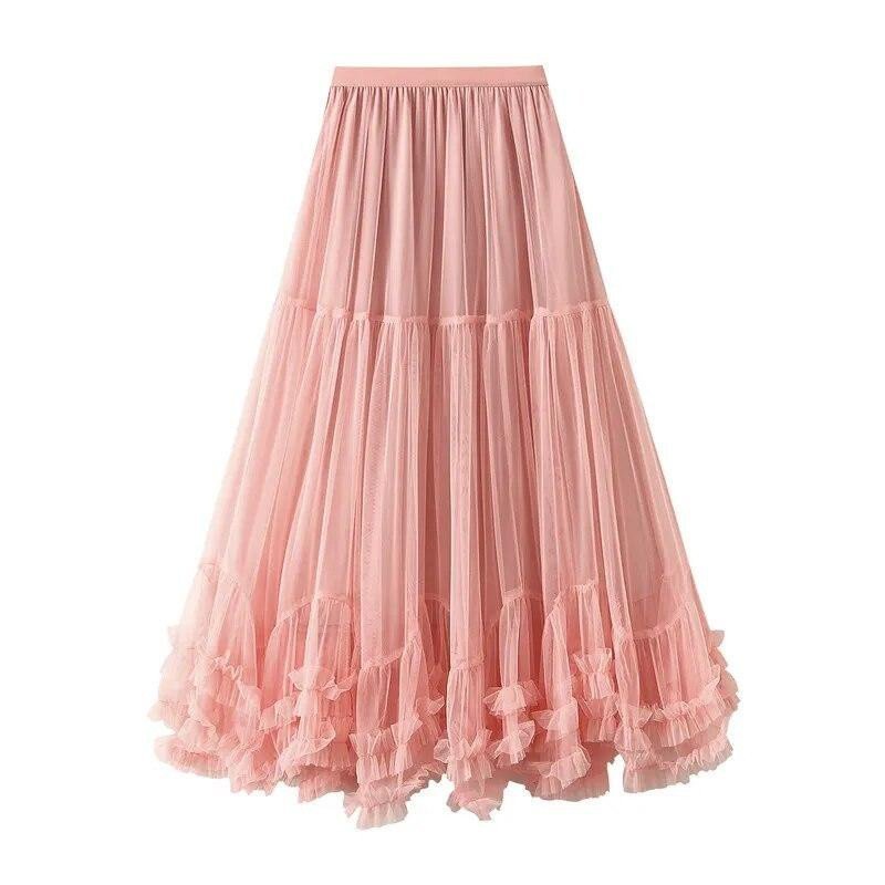 Saia de Tule Feminina Qooth, Elegante, Cintura Elástica, Saia Longa em A, Barra Larga, Adequada para Todos os Tipos de C — imagem 2 de 2
