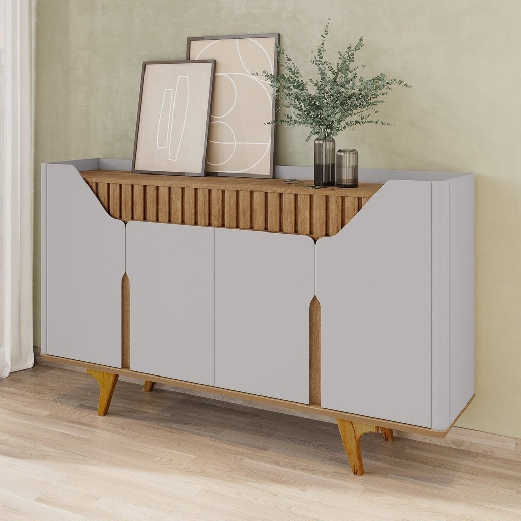 Aparador Buffet 4 Portas MDF Ripado Real Pés de Madeira Maciça Tâmisa Cinza/Off-White/Cinamomo