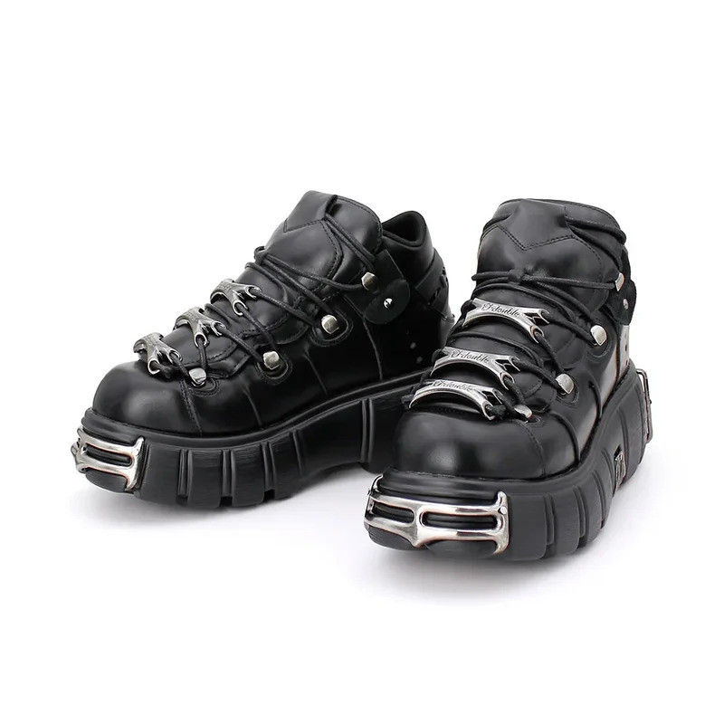 Botas Femininas Estilo Punk XEVX, Couro, Com Cadarço, Salto de 6CM, Plataforma, Botas Góticas Femininas, Botas de Motoci