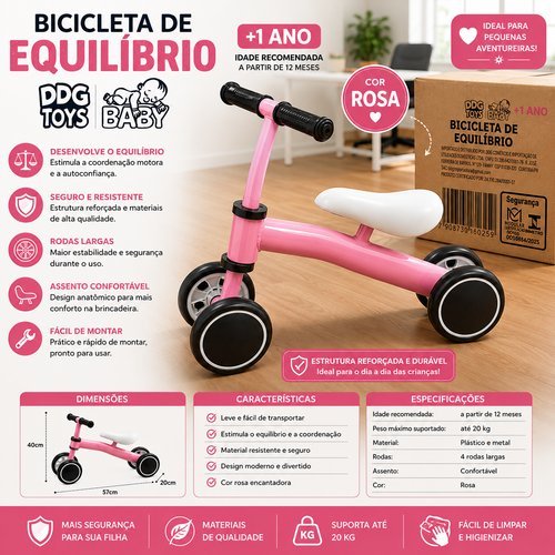 Bicicleta Infantil Equilibrio Rosa Sem Pedal Estimulacao Coordenação Motora