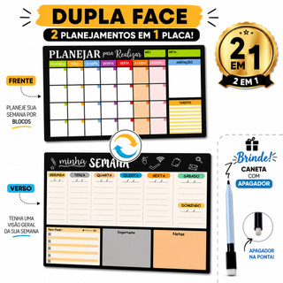 Planner Semanal Dupla Face 40x30 MDF Premium Apagável Quadro Organizador Branco Caneta co…