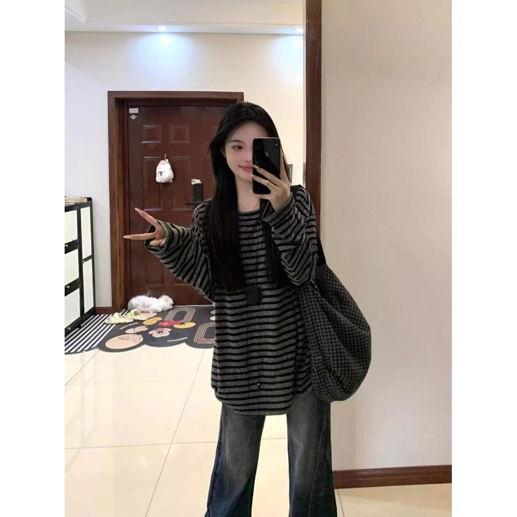 Estilo coreano estilo preguiçoso contraste cor listrado manga comprida camiseta feminina outono inverno novo estilo list