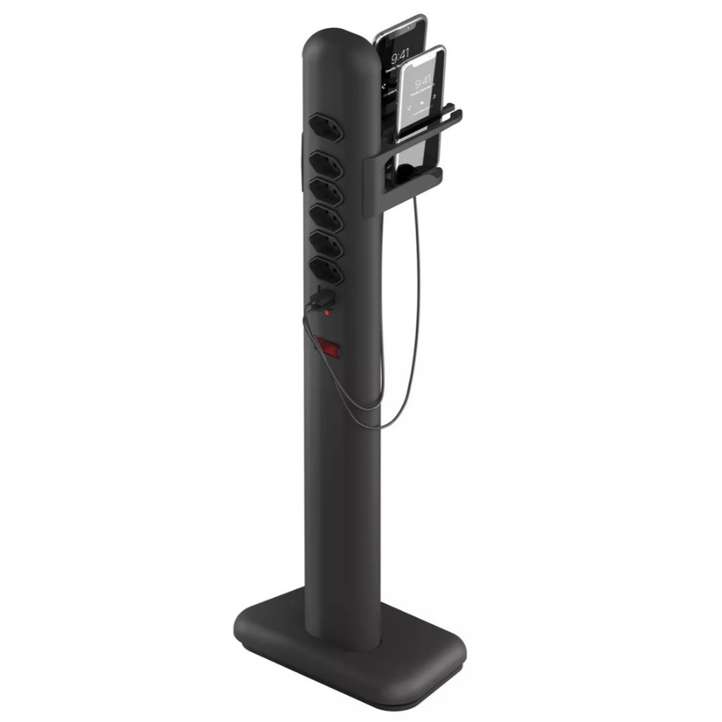 Totem Extensão Elétrica Top Com 6 Tomadas 1 Usb + 1 Usb-c Prata , Titanium e Preto
