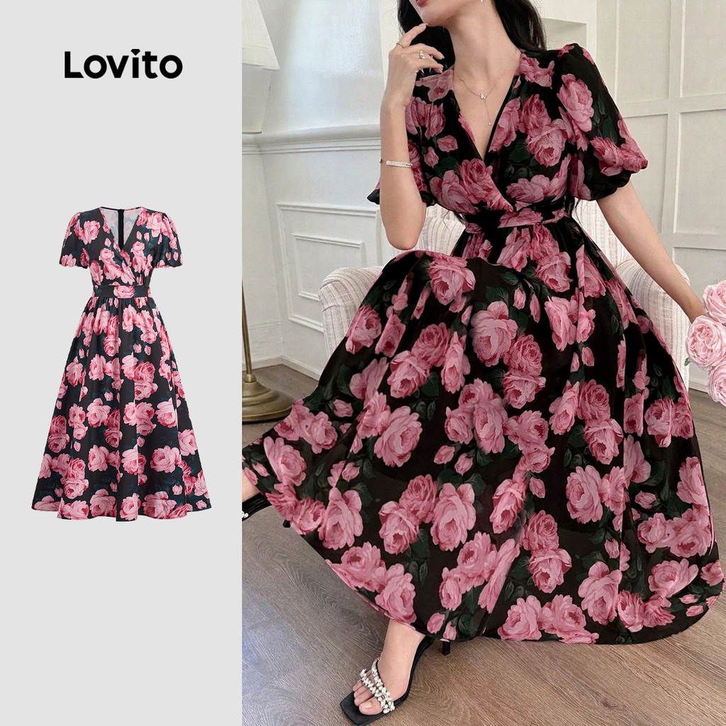 Lovito Vestido Elegante com Plissado Primavera/verão para Mulheres LBL27065 em Oferta na Shopee