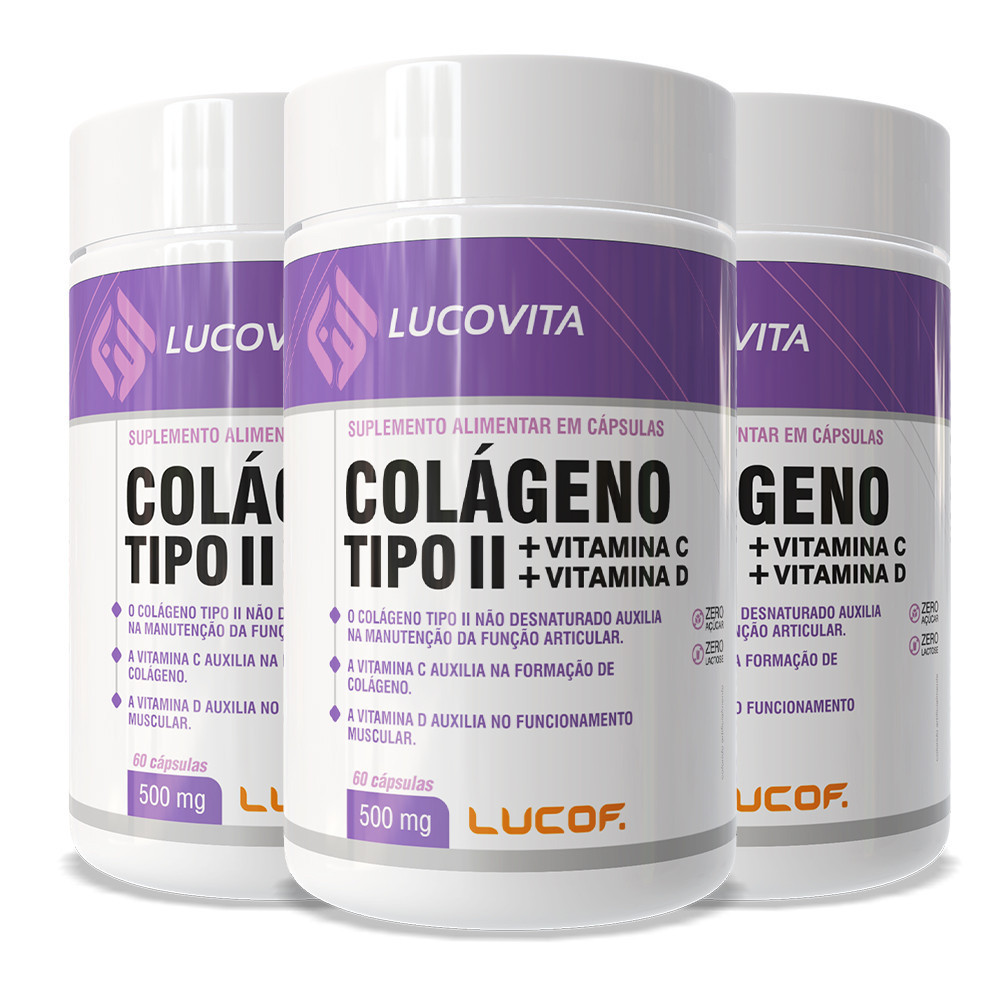 Kit 3 Colágeno Tipo II 60 cápsulas 500mg Vitamina D Vitamina C