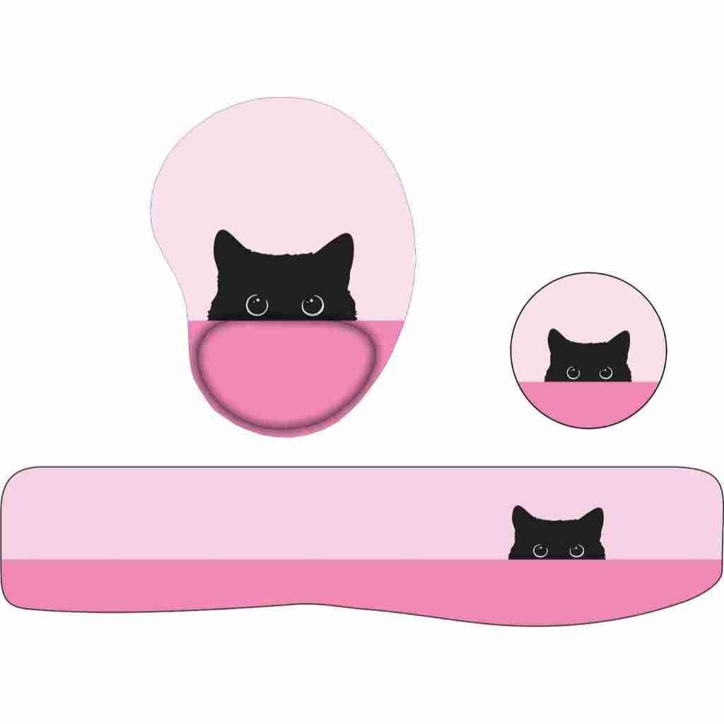Kit Mouse Pad + Apoio de Teclado Gatinho escondido rosa + porta copos