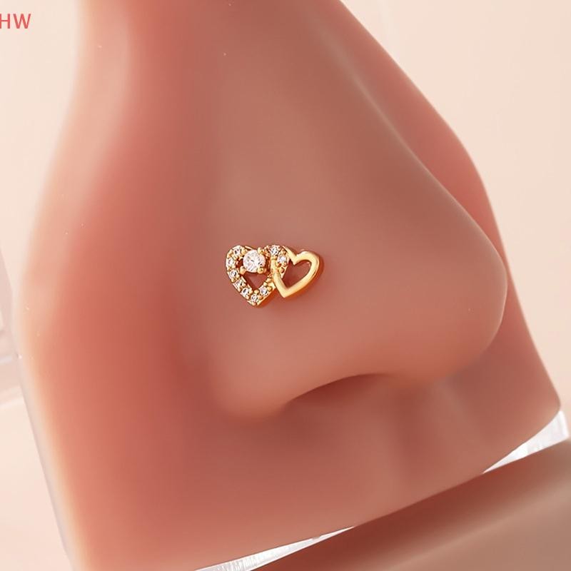 Moda Em Forma De L Nariz Studs Anéis Bonito Brilhante Duplo Coração Anel Para Mulheres Meninas Corpo Piercing Jóias Vers
