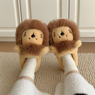 XIXITIAO Chinelos de algodão masculino feminino confortável pelúcia inverno quarto quente fofo pequeno leão desenho anim