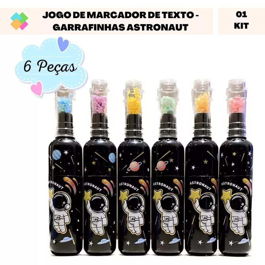 Kit C/6 Mini Marca Texto Fofo Garrafinhas Astronauta 6 Cores Pastel