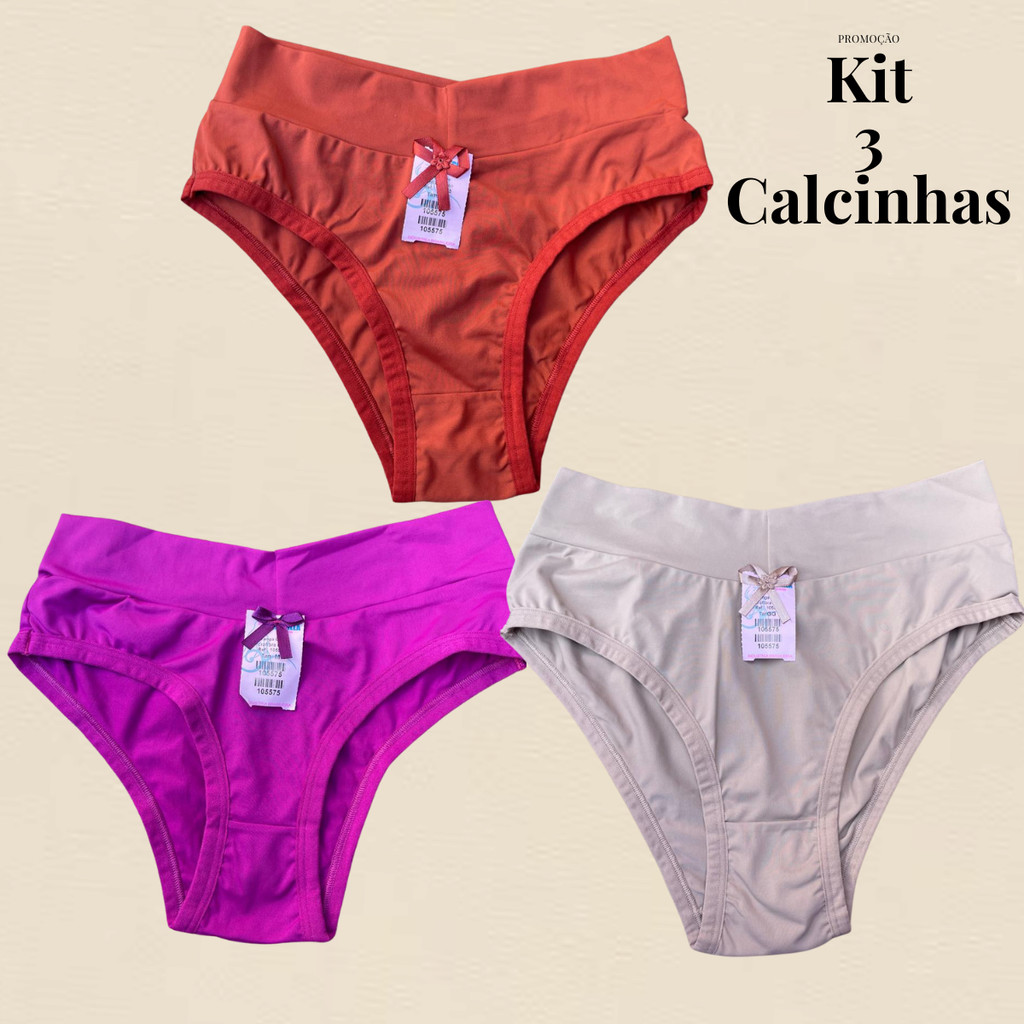 Kit 3 Calcinhas Femininas Microfibra Lisa Básica Confortável Premium Cós Alto