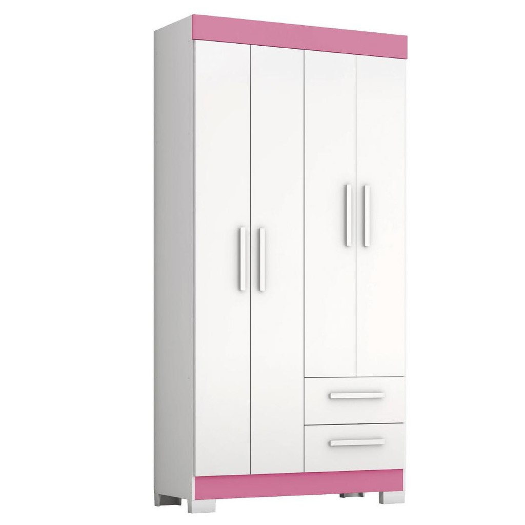 Guarda Roupas Solteiro Juvenil 4 Portas 2 Gavetas Malta Branco / Rosa Notável em Oferta na Shopee