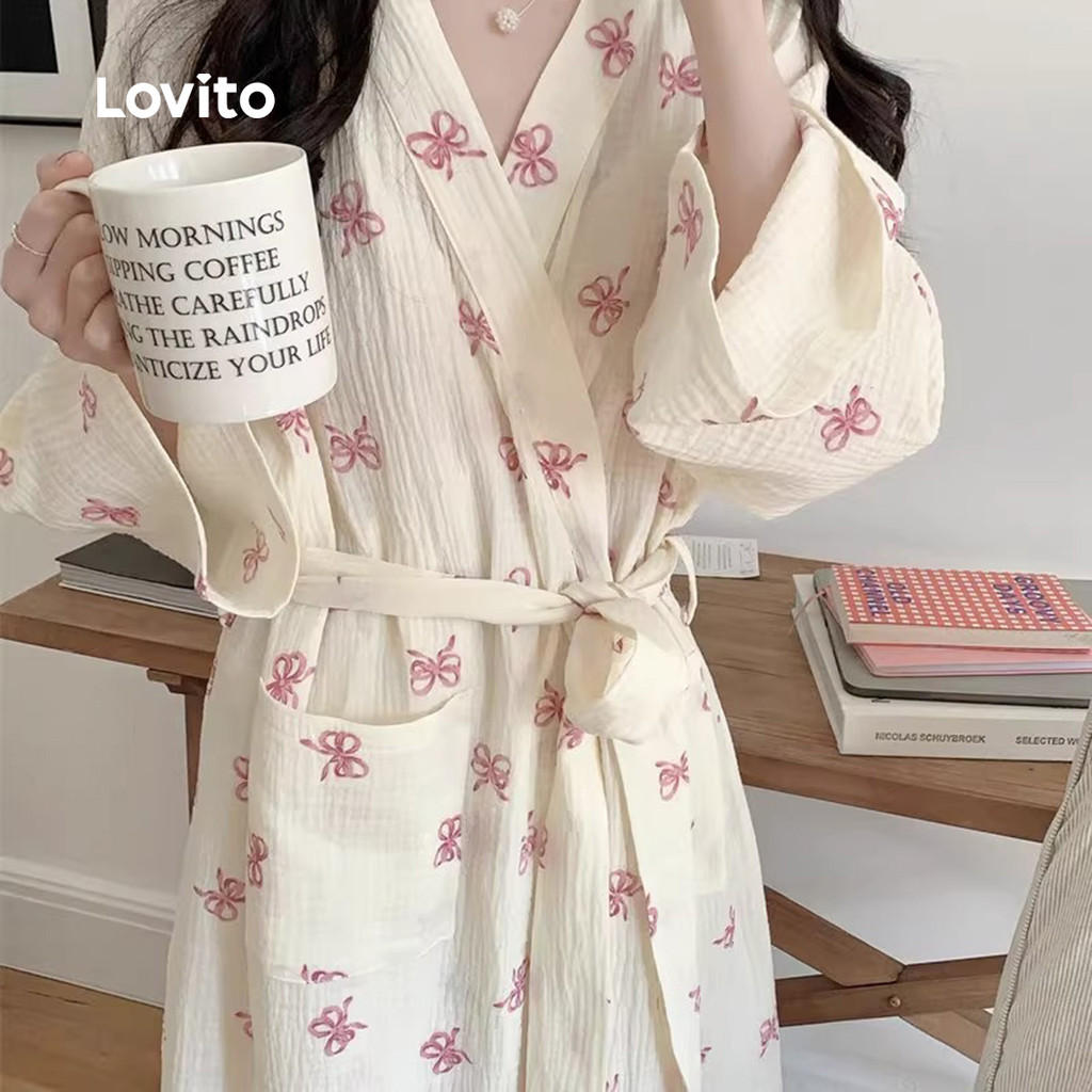 Lovito Moda Coreana Casual Robe Feminino Com Estampa De Borboleta E Laço Floral Estilo Damasco LNE1132X061 em Oferta na Shopee