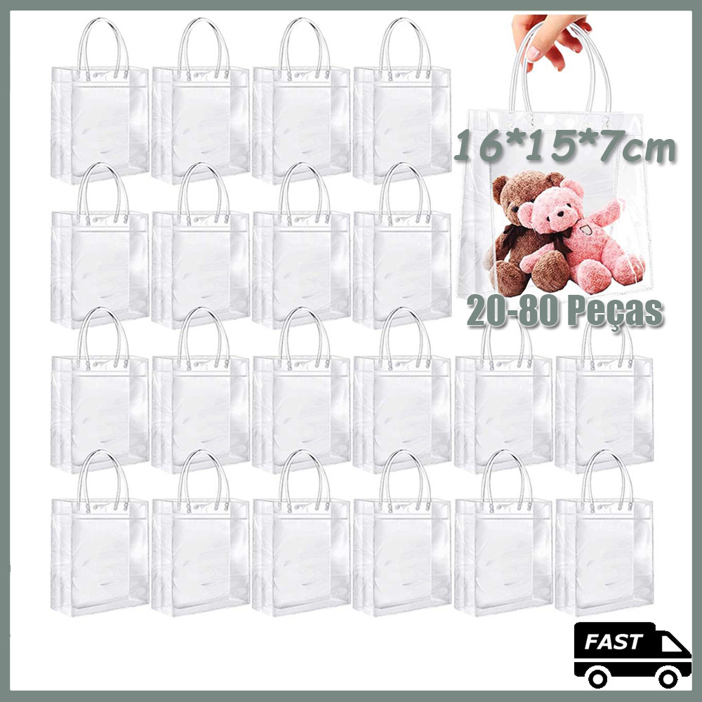 Saco de presente transparente de 20-80 peças com alça, saco de presente de plástico, saco de presente transparente para em Oferta na Shopee